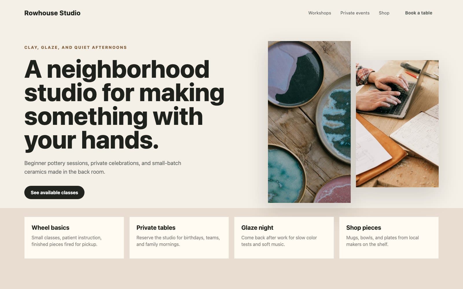 Locally generated demo storefront for Rowhouse Studio, with a clear offer, navigation, and booking call to action