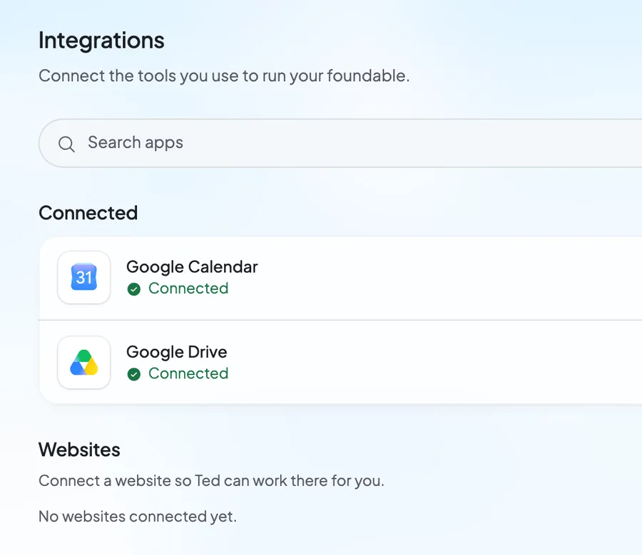 Foundable's integrations: Google Calendar and Drive connected, Gmail, Outlook, Calendly, Docs and Sheets ready to connect