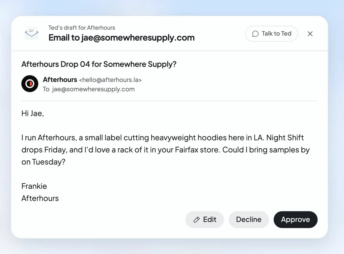 Ted's email to a shop, waiting for Approve