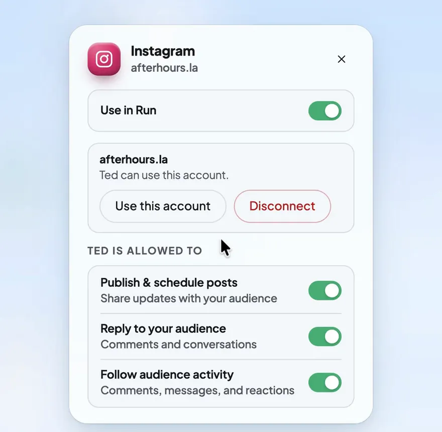 Instagram connected in Foundable, with what Ted is allowed to do