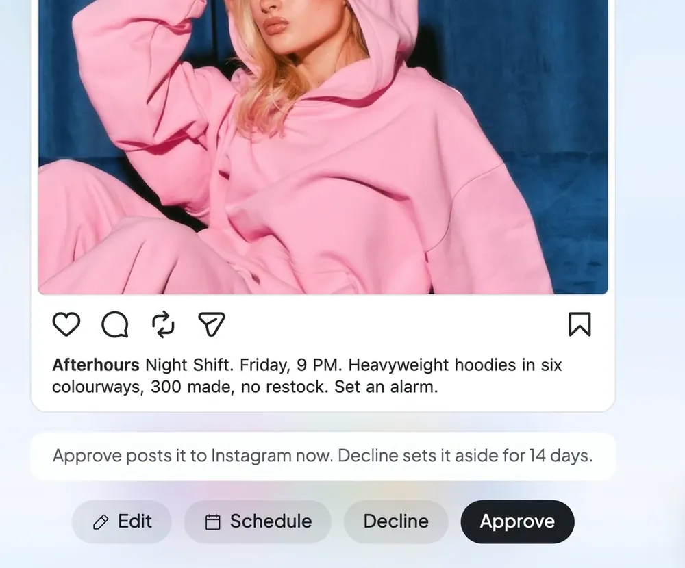 An Instagram post Ted wrote, with Edit, Schedule, Decline and Approve