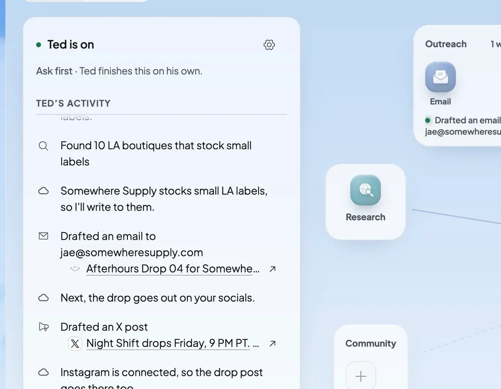 Ted's log in Run: the shops he found, the email he drafted and the post he's making