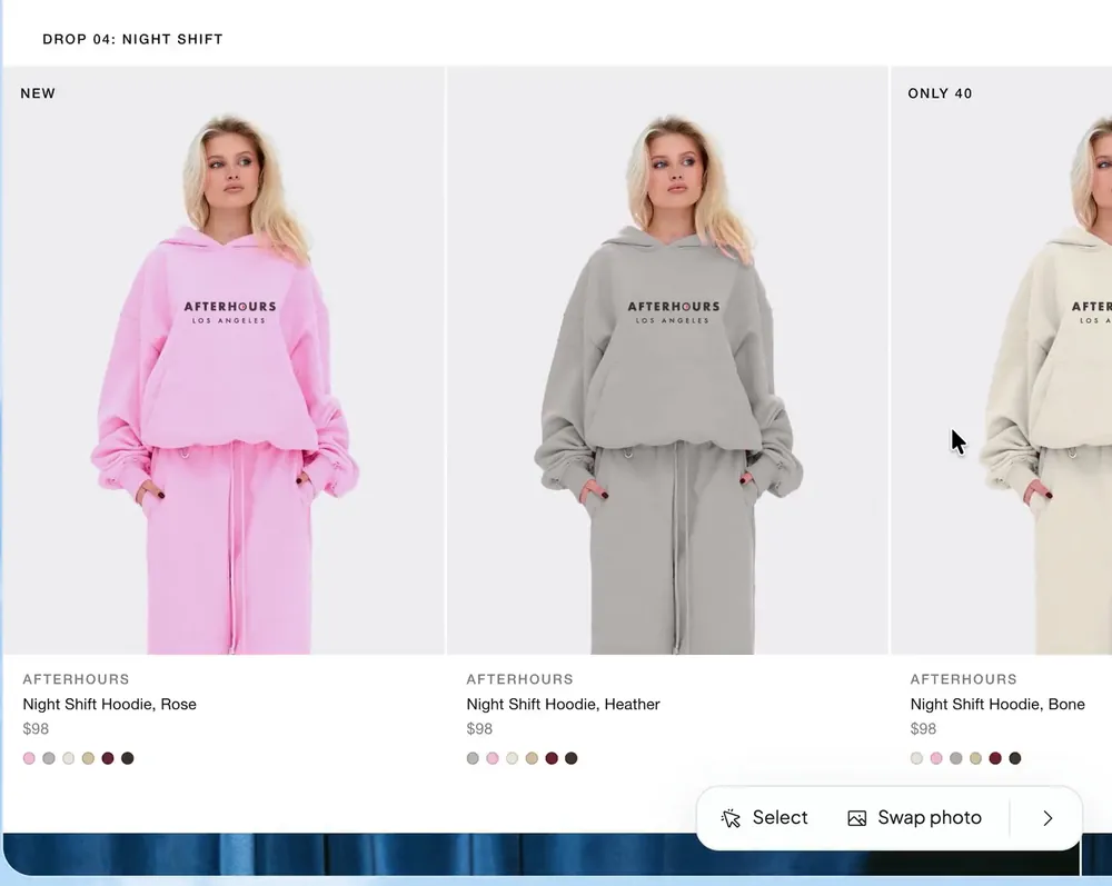 Build's Select and Swap photo bar over a website's products